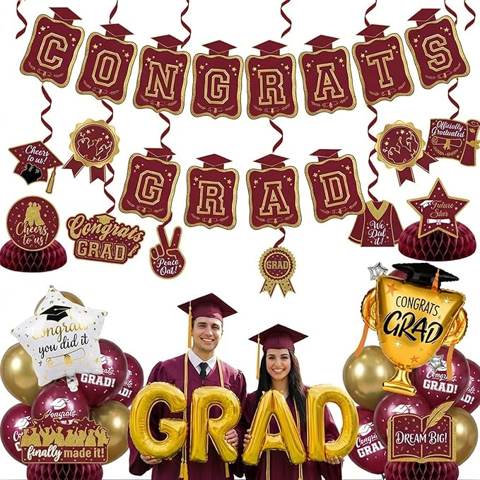 Maroon Gold Balloons Burgundy GRAD Print Balloons with Banner Table Honeycomb Centerpieces Hanging Swirl trophy star GRAD Letters Mylar Balloons for 2026 graduate Prom Decorations