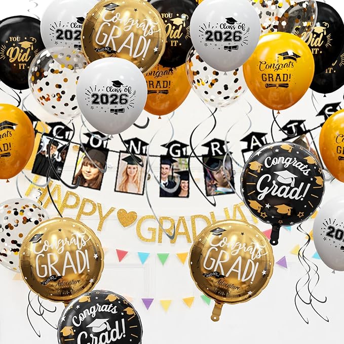 GuassLee Graduation Black and Gold Balloons 2026 - Grad Latex Confetti Balloons with Congrats Grad Foil Balloons for Graduation Party Decorations Supplies, 60Pcs