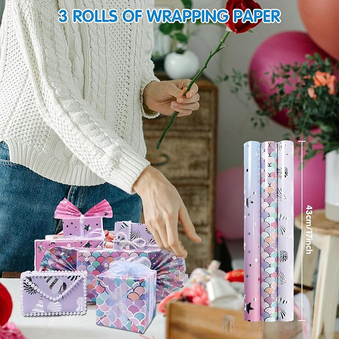 Pink Mermaid Wrapping Paper Roll - Mini Roll - 3 Rolls Pink Lavender Purple Foil Mermaid Scale Scallop Girls Wrapping Paper Gift Wrap for Girl Baby Shower Birthday Wedding-17x120 inch(10feet) Per Roll