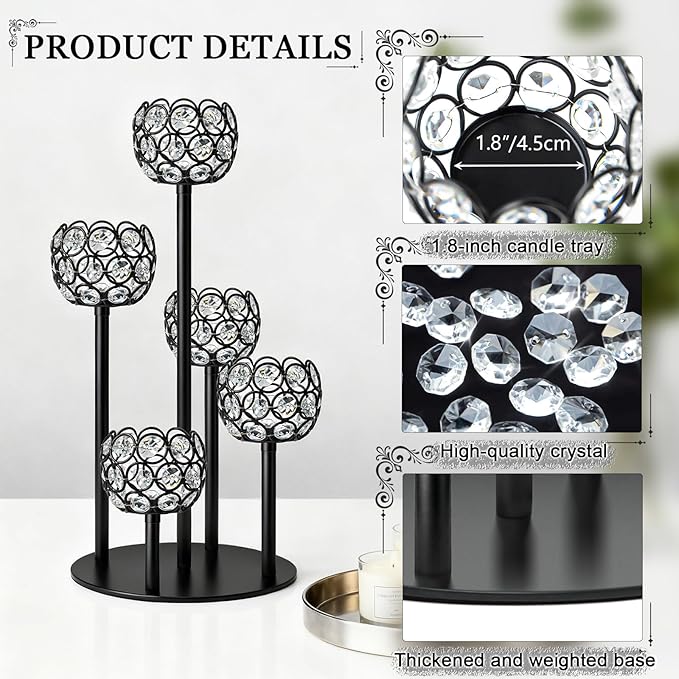 5-Arm Crystal Tealight Candelabra Centerpiece, 14.8 Inch Metal Candle Holder for Table Decor, Wedding, Christmas, Party, Anniversary & Home Decoration (1, Black, S-14.8 in)