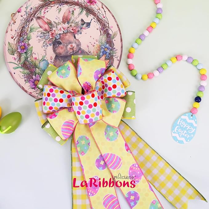 LaRibbons Double Faced Easter Ribbon Wired 2 Rolls 2.5 Inch x 12 Yards TTL, Pink Green Yellow Polka Dot Plaid Burlap Ribbon for Baskets Crafts Gift Wrapping Wreath Bow Decoration