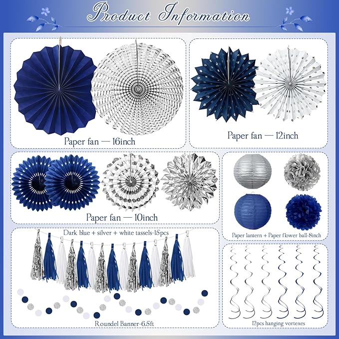 MEIDUO 34 Pcs Blue and Silver Party Decorations, Hanging Paper Lanterns Fans Pom Poms Set, Blue Streamers, 2026 Graduation Party Decorations Supplies, Birthday Decorations for Men Boys