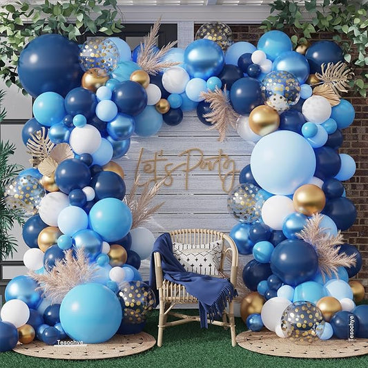 Navy Blue Balloon Garland Arch Kit, 151 Pcs Blue and White Chrome Gold Balloons with Gold Confetti Balloons for New Year Graduation Party Supplies Men Birthday Anniversary Wedding Decorations