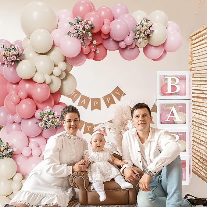 144Pcs Boho Baby in Bloom Balloon Arch Kit, Baby Shower Decorations, Vintage & Dusty Pink Sandy White Balloons with BABY Letter Boxes, Boho Floral Party Supplies for Baby Shower Gender Reveal Birthday