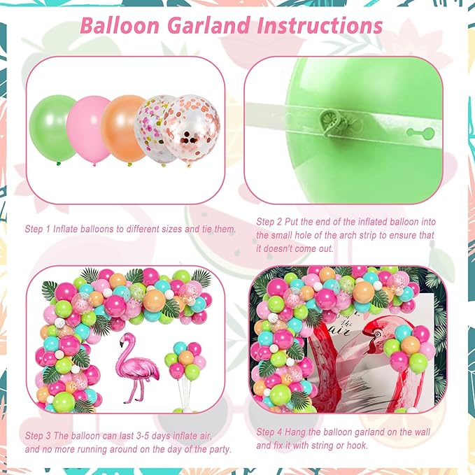 124Pcs Tropical Balloons Arch Garland Kit, Green Hot Pink Rose Gold Confetti Balloons Palm Leaves for Tropical Hawaiian Aloha Luau Flamingo Birthday Party Baby Shower Wedding Decorations