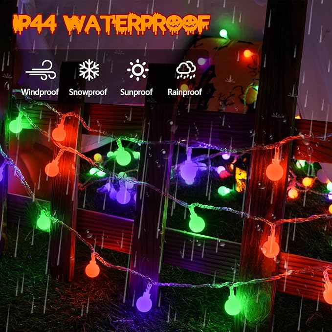 Connectable Orange Purple and Green Halloween Lights Outdoor Indoor - 43FT 100LED Globe String Lights Plug in with Timer, 13 Modes Fairy Light Waterproof for Party Halloween Decorations Bedroom Decor
