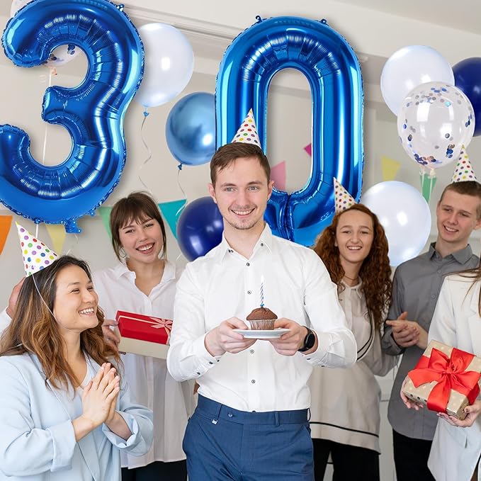 Number 30 Balloon Pastel Blue for Kids, XXL 30th Birthday Decor Foil Balloon Dark Navy Blue with Silver Confetti Helium Balloon, 40 Inch Balloon 30 for Women Birthday Party Men Anniversary Decorations
