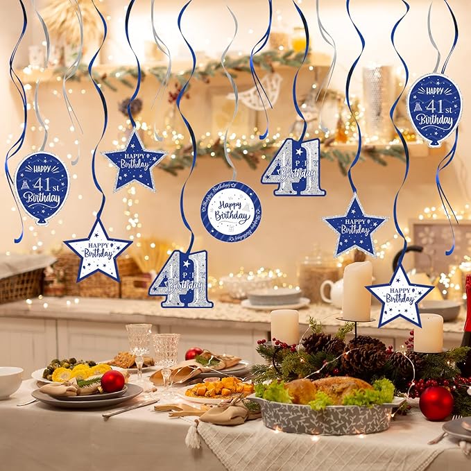 Happy 41st Birthday Blue & Silver Glitter Swirls Streamers Party Decorations - 15 Pcs 41st Birthday Hanging Swirls Streamers Kit,Perfect for 41st Bday Party Sign.