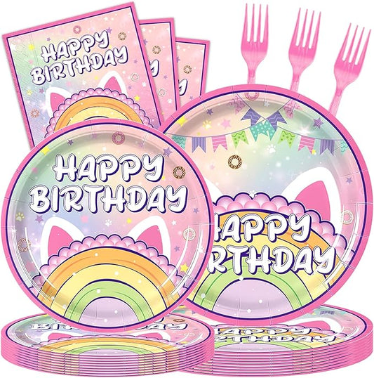 96 Pcs Cat Birthday Party Decorations Paper Party Plates and Napkins for Cat Themed Party Supplies Dessert Tableware Set for Kids Birthday Party Serves 24