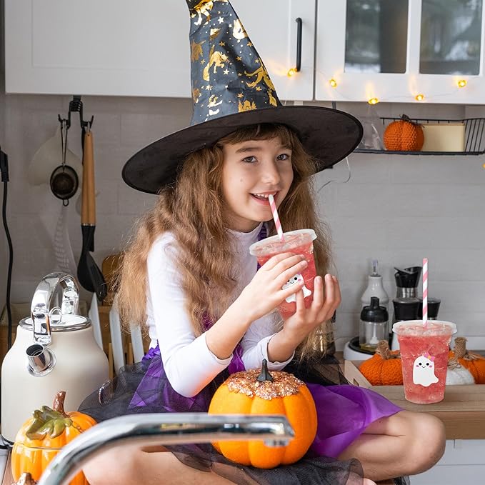 Whaline 50 Pcs Halloween Disposable Plastic Cups with Lids and Straws Cute Pink White Ghost Cold Beverage Drinking Cups for Trick or Treat Birthday Party Supplies