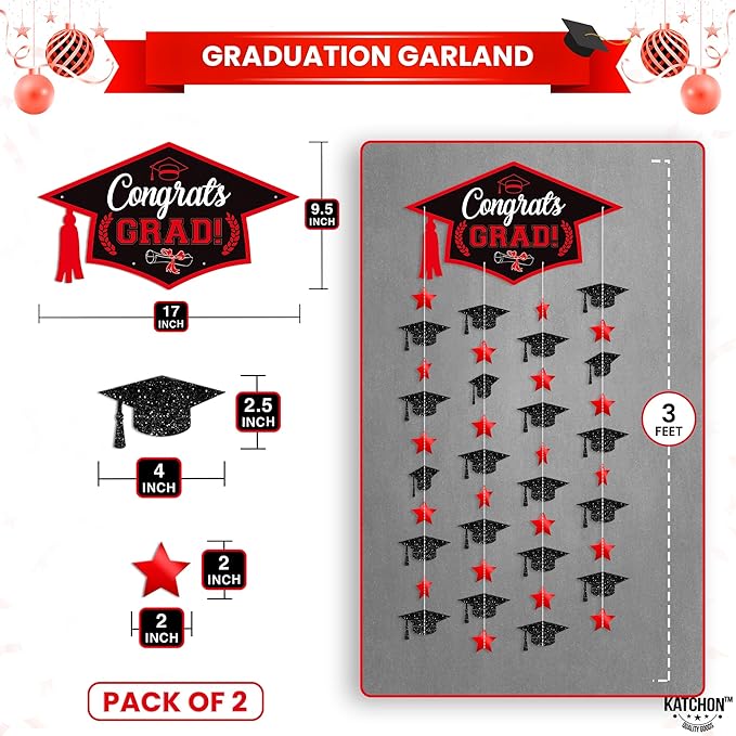 Graduation Decorations 2026, Black and Red Cap Garland - Pack of 2, No DIY | Congrats Grad Garlands for Wall Decor | Cap Garland for Graduation Party Decorations, 2026 Graduation Decoration, KatchOn