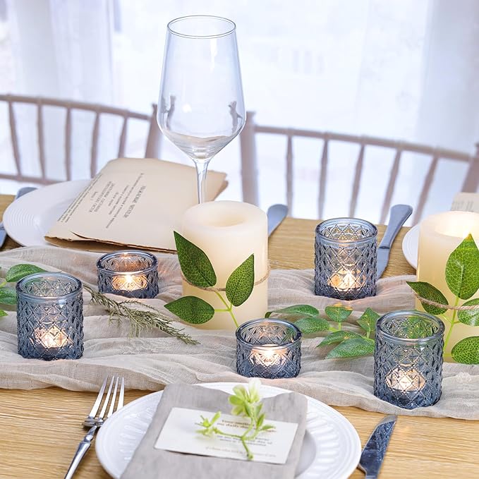 36 Pack Blue Votive Candle Holders, Assorted Glass Candle Holders for Table Centerpiece, Blue Glass Candle Holder Decorations for Wedding, Baby Shower Party & Home Decor