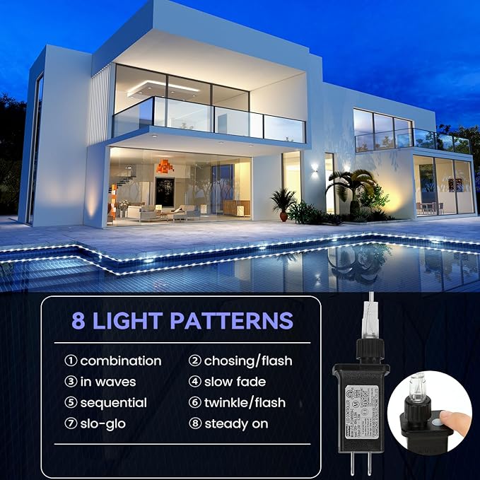 184FT 1000LED Rope Lights Outdoor, Outside LED Rope Lights Plug in String Lights Waterproof 8 Modes Clear Tube Lights for RV Camping Pool Patio Garden Christmas Tree Holiday Decoration(Cool White)