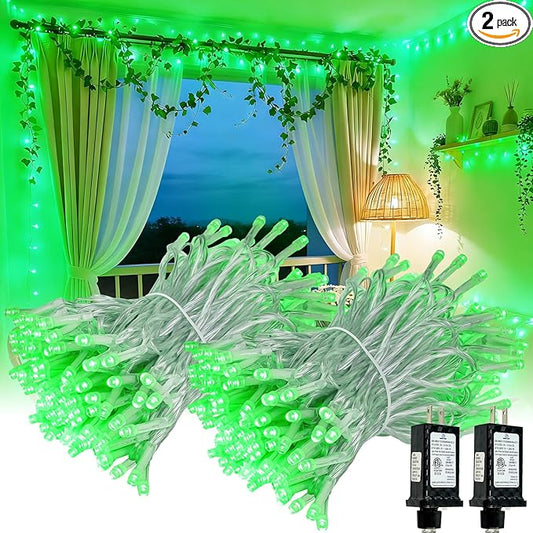 Connectable 2Pack String Lights Indoor, 66FT 200LED String Lights, 13Modes Twinkle Fairy Lights Plug in Outdoor Waterproof, Green Clear Wire Light for Christmas Tree, Wedding Yard, Party Decor