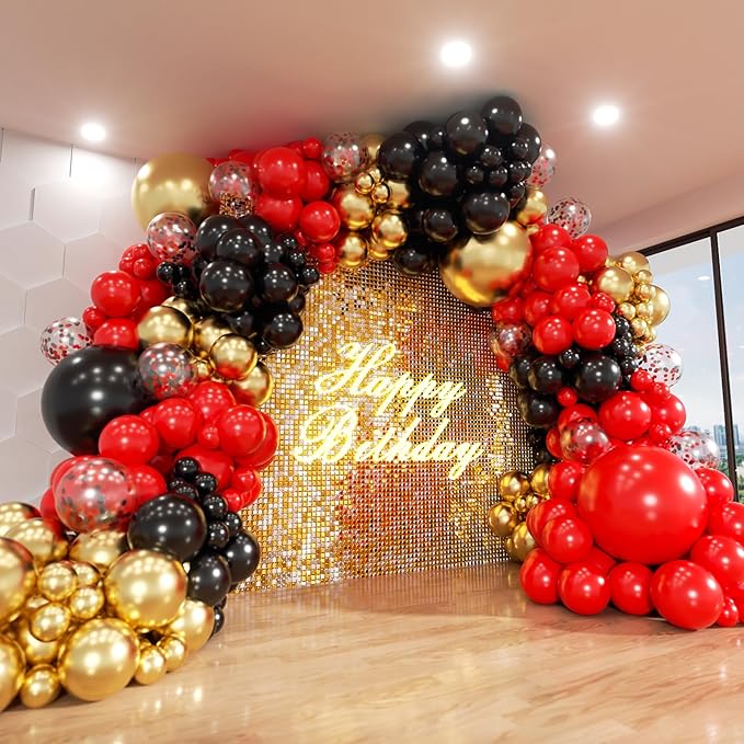 Red and Black Gold Balloons Arch Kit, 140Pcs Different Sizes inch Red Black Gold Balloon and Confetti Party Balloon Garland Kit for Birthday, Wedding, Graduation, Anniversary, Prom Decorations