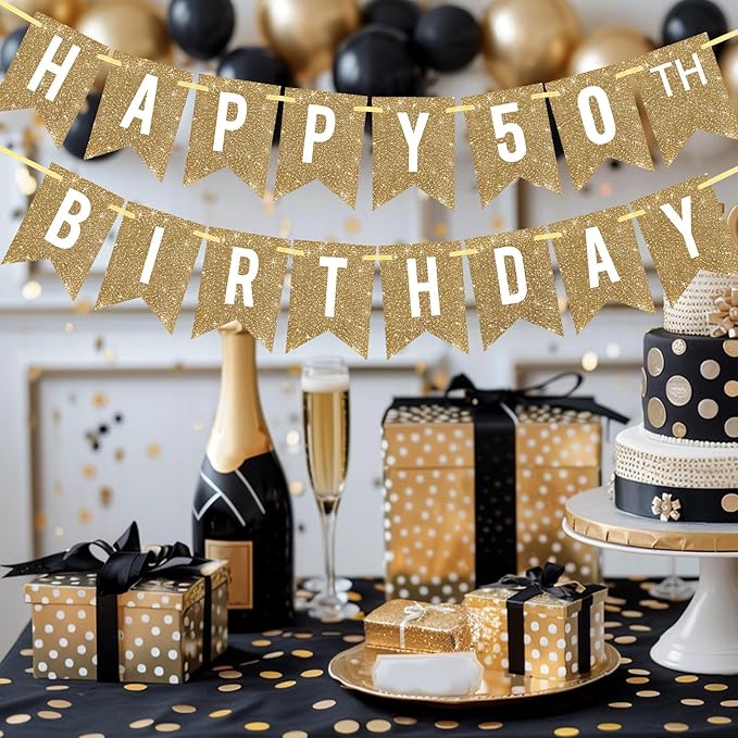 Netnology Pre-Strung Gold Happy 50th Birthday Banner Decorations,12 ft No DIY Gold Glitter 50th Birthday Party Banner Sign Decor for Women Men Girl Boy Party Supplies