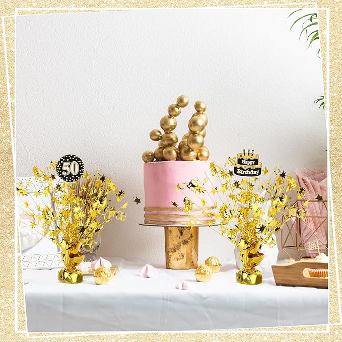Soaoo 6 Pcs 50th Birthday Spray Centerpiece Gold Metallic Glitter Foil for Party Table Centerpiece with Different Cards N'burst for 50th Birthday Party Decoration
