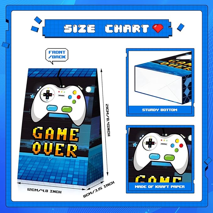 Pajean 24 Pcs Game Gift Bag Video Game Party Supplies Gamer Party Favor Gaming Theme Goodie Candy Treat Bags with 30 Pcs Stickers for Themed Birthday Decorations