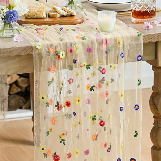 Artoid Mode Beige Apricot Wildflower Floral Gauze Embroidery Table Runner 120 Inch 10FT, Tulle Seasonal Spring Kitchen Dining Table Decor for Home Party