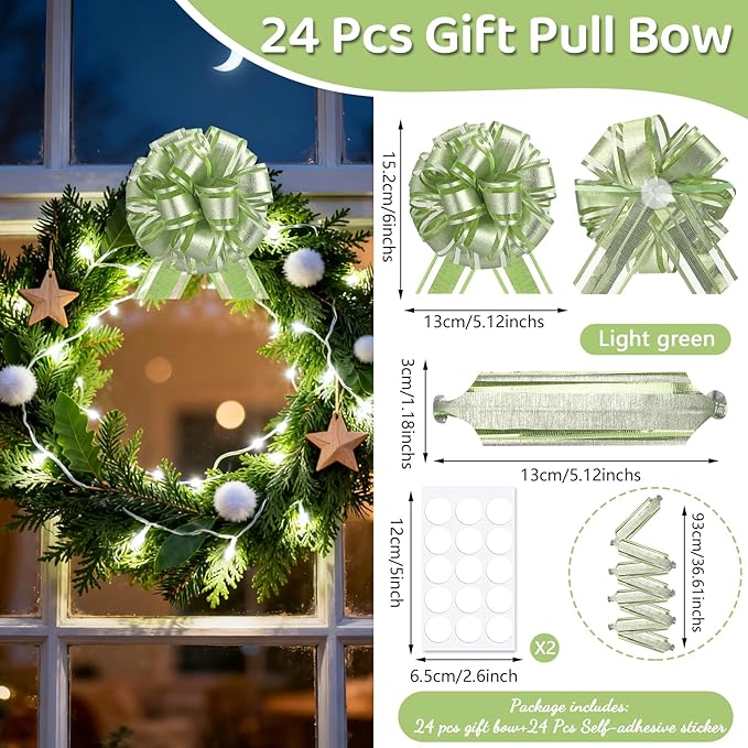 24pcs Light Green Pull Bow for Gift Basket Wrapping Xmas Gift Bows Presents Adhesive Wrap Ribbon Bow for Christmas Tree Bottles Bouquet Flower Valentine's Day Party Decor (Light Green-G)