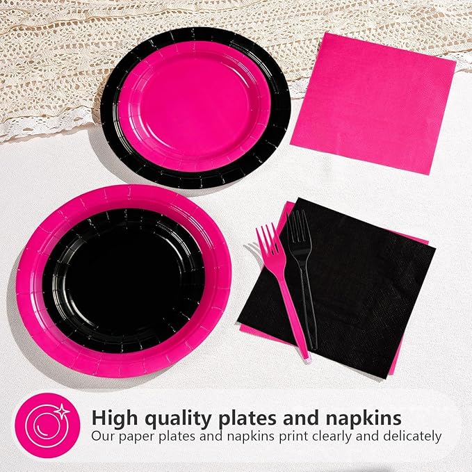 200Pcs Hot Pink and Black Birthday Decorations Hot Pink Party Plates and Napkins Disposable Heavy Duty Pink and Black Tableware Set for Valentine?™s Day Girls Women Birthday Bridal Shower Gender Reveal