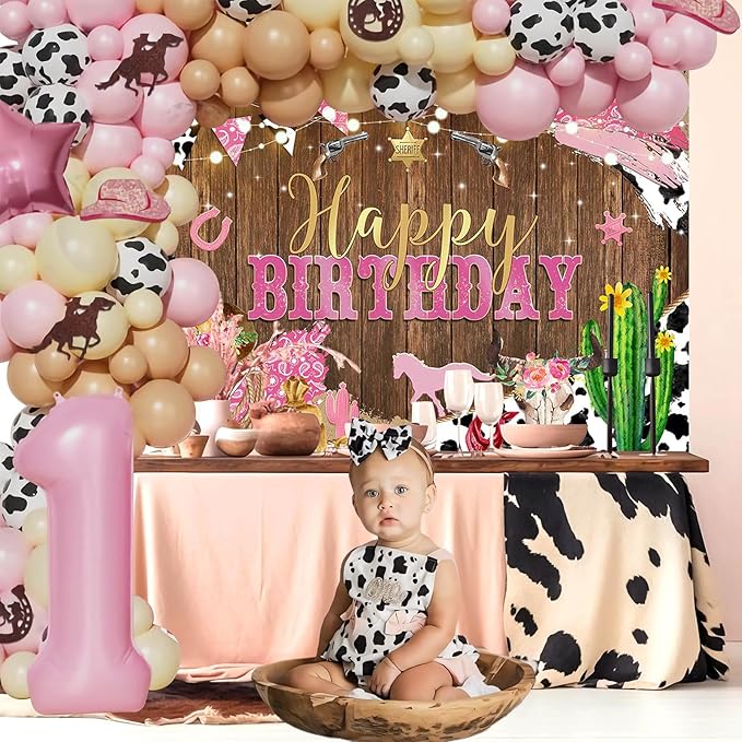 Mocsicka Western Happy Birthday Backdrop Brown Wood Kids Birthday Party Decorations Banner Rustic Old West Rodeo Photography Background Cowboy Party Supplies (Pink, 10x8ft(120x96 inch))