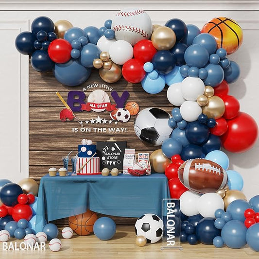Dusty Blue Sport Theme Birthday Party Balloons Garland Arch Kit with 149pcs Football Vollyball Soccer Baseball Basketball Party Balloons for Sport Favor Theme Birthday Party Decorations (Colorful)
