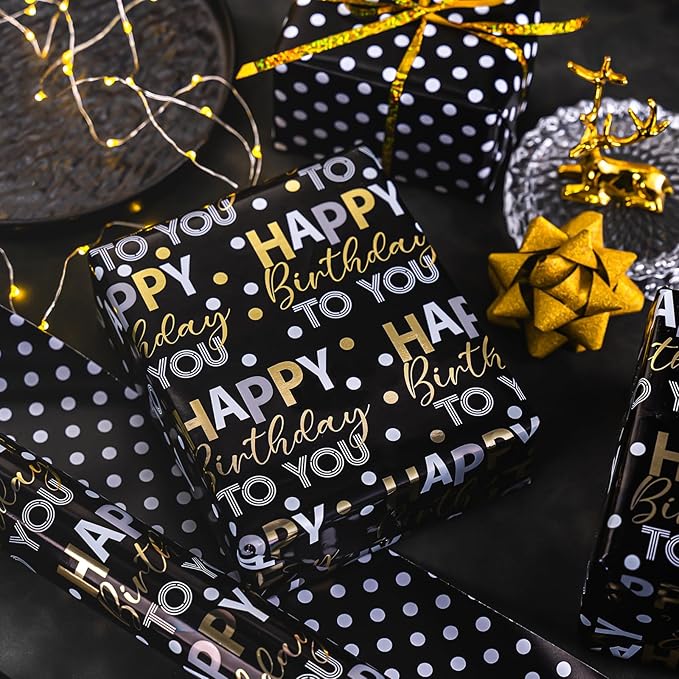 MAYPLUSS Reversible Black Birthday Wrapping Paper Roll - 17 Inch X 33 Feet - Glitter Happy Birthday Lettering Metallic Foil Paper Boy Gift Wrap w/Polka Dot for Party Father's Day Halloween's Day
