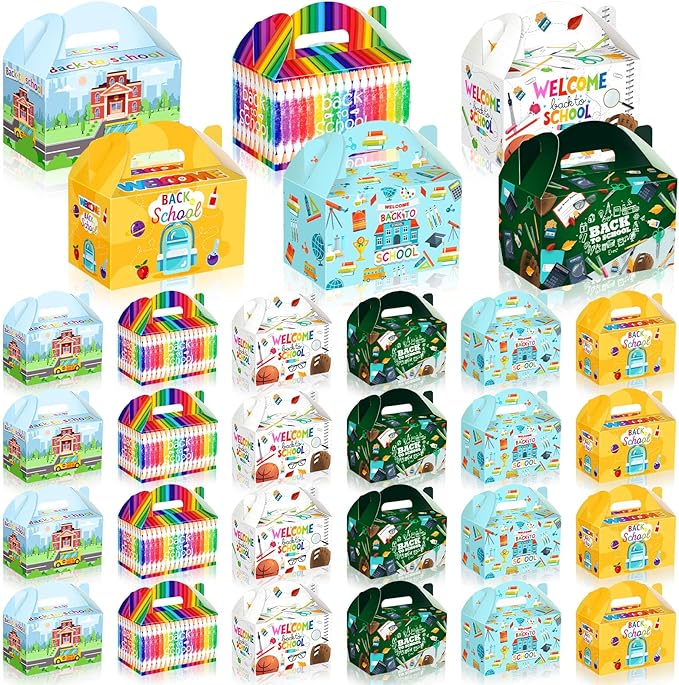 Dunzoom 24 Pcs Back to School Party Favor Boxes First Day of School Gift Goodie Candy Cookie Treat Boxes with Handles for Classroom New Semester Favors Party Supplies