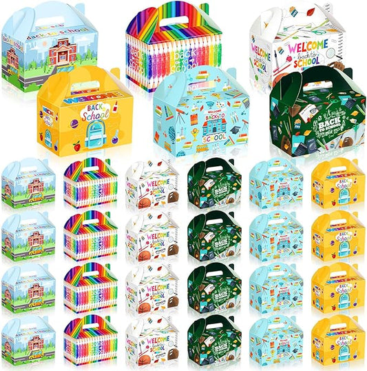 Dunzoom 24 Pcs Back to School Party Favor Boxes First Day of School Gift Goodie Candy Cookie Treat Boxes with Handles for Classroom New Semester Favors Party Supplies