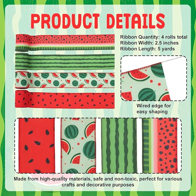 4 Rolls Watermelon Ribbon 20 Yards 2.5 Inch Summer Wired Edge Burlap Craft Ribbons for Wreath DIY Gift Wrapping Party Baby Shower Bow Decoration
