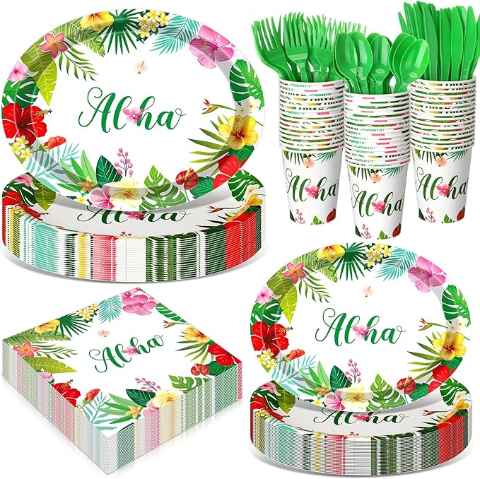 Pajean 350 Pcs Hawaiian Party Decorations 12 in Disposable Oval Tropical Luau Plates and Napkins Palm Leaf Aloha Heavy Duty Paper Tableware Set for 50 Guests Summer Pool and Beach Party Supplies