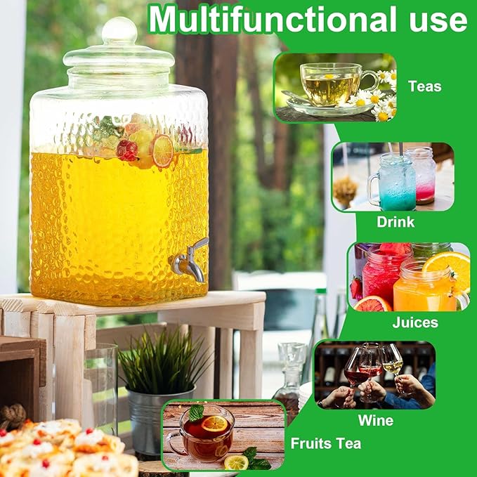 4 Pack 5 Gallon Glass Water Drink Dispenser for Party, Hammered Glass Beverage Dispenser, Jug Container with Stainless Steel Spigot for Parties, Weddings, Catering, Lemonade, Iced Tea