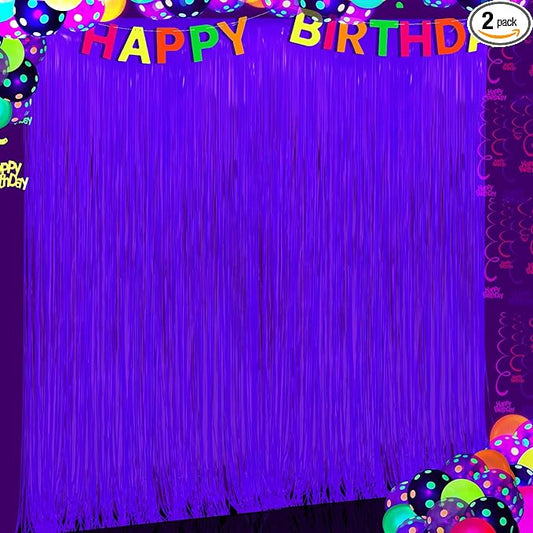 Glow in The Dark Party Supplies 2 Pack Neon Party Decorations Fluorescent Tinsel Foil Fringe Curtains Photo Booth Prop Backdrop Streamer Blacklight Decorations (Neon Purple)