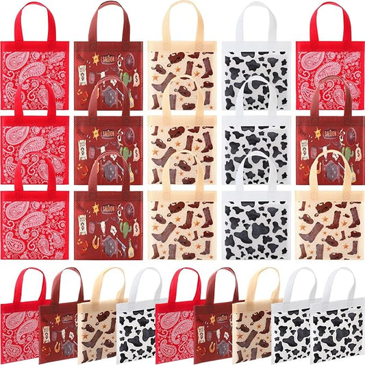Tudomro 24 Pcs Western Cowboy Favor Bags with Handles, Non Woven Gift Bags, West Cow Print Paisley Hat Boots Treats Totes for Rodeo Birthday Baby Shower Party Supplies