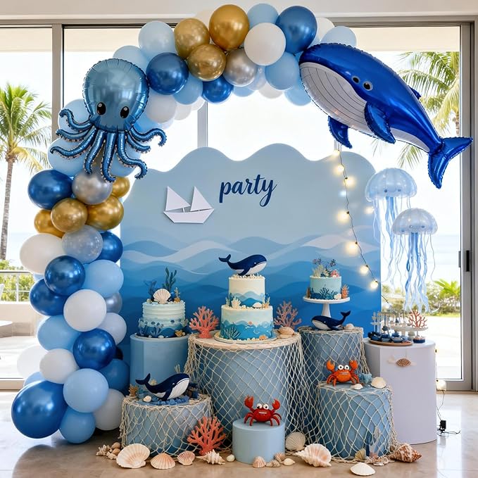 Blue and Gold Balloons, 12 Inch Pastel Baby Blue Metallic Blue Metallic Gold White Latex Balloon for Boys Men Birthday New Year Graduation Party Decor Baby Shower Anniversary Decorations Supplies