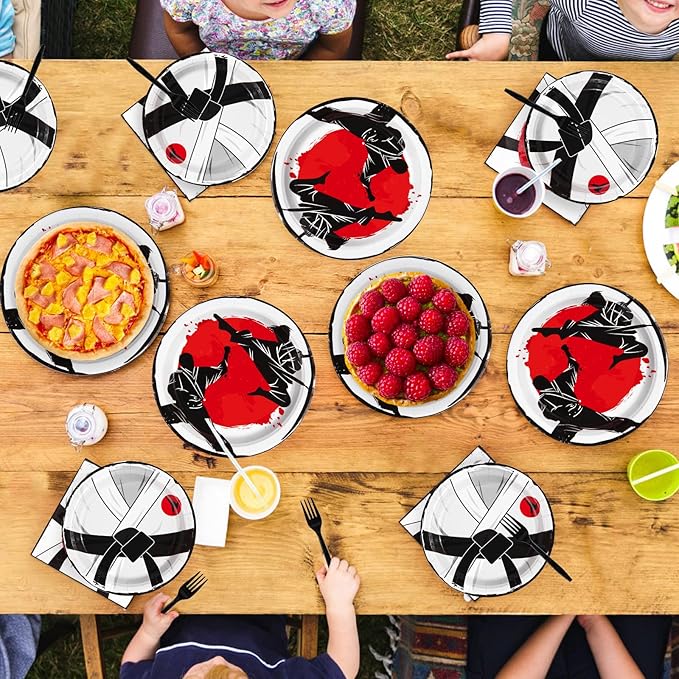 Grencian 96 Pcs Karate Party Supplies Disposable Karate Themed Plates and Napkins Tableware Sets Karate Birthday Decorations for Boys Ninja Birthday Party Decorations Martial Arts Favors Serves 24