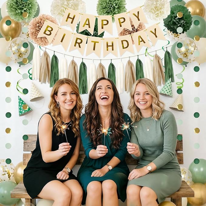 Sage Green Birthday Party Decorations for Women Girls with Happy Birthday Banner,Circle Garland,Tissue Paper Pompoms,Hanging Swirl, Paper Tassel,Decorations Balloons for Party Decor