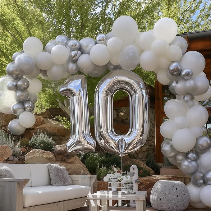 AULE 40 Inch Large 10 Balloon Numbers Silver, Big Foil Number Balloons, Giant Helium Happy 10th Birthday Party Decorations for Man and Women, Huge Mylar Anniversary Party Supplies