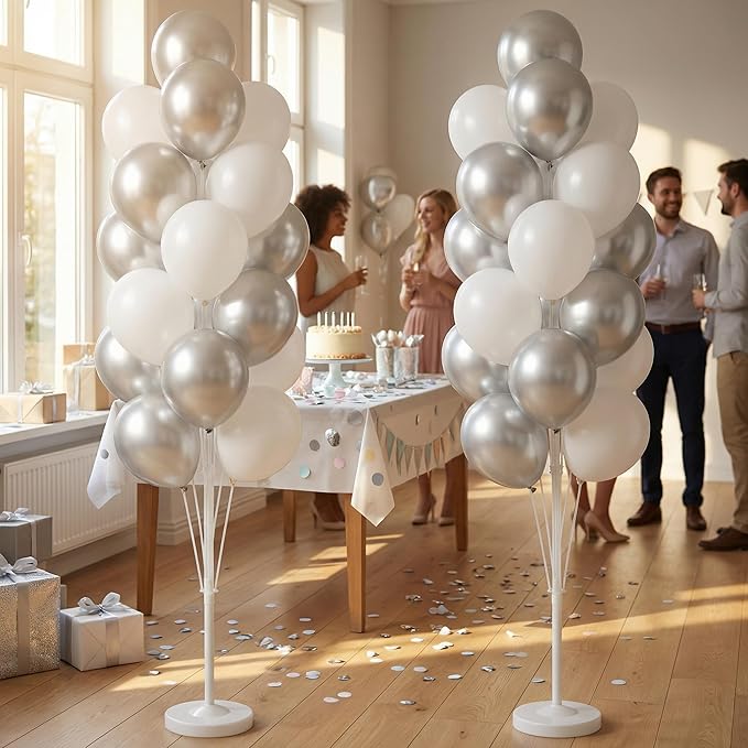 Balloon Column Kit Set of 2 With Balloons Included - with Base, and Pole,Balloon Tower Backdrop Decoration for Wedding, Baby Shower, Birthday Party, or Bachelorette Parties (Silver White)