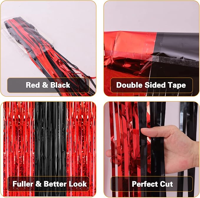 PIGETALE, 2 Pack 3.2x8.2 Feet Black and Red Foil Fringe Curtains Party Decorations, Tinsel Curtain Backdrop Streamers for Birthday Graduation Fiesta Stranger Theme Halloween Christmas Party Supplies