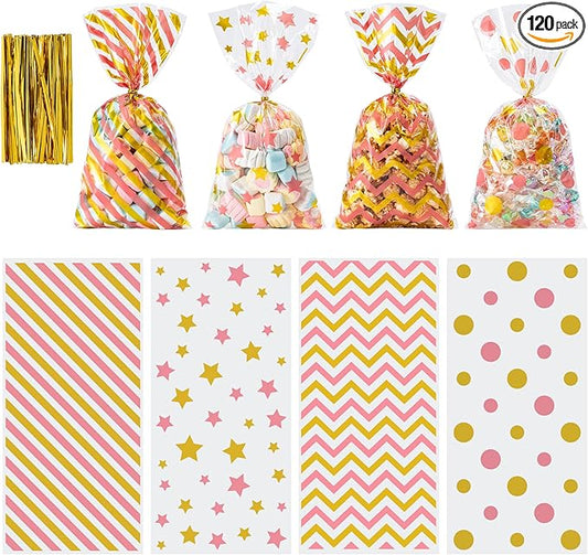 Aegero 120 Pack Pink/Gold (wave dots/ wave stripes /diagonal stripes/Star Printed)Cellophane Treat Bags,10.63 x 5.12 Inch Plastic Candy Goodies Bags with 140 Pcs Twists for Valentine,Birthday,Bakery,Wedding,Gift Cookie Snack Packing,Party Favor Supplies