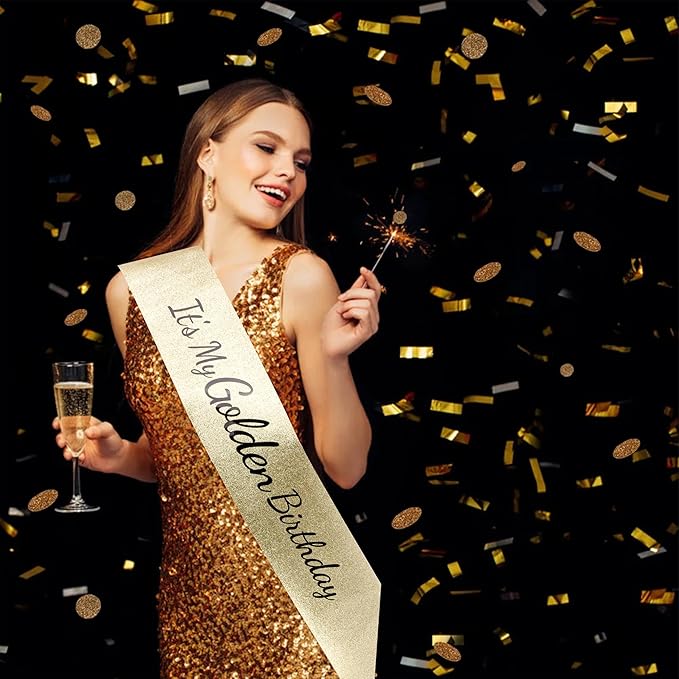 It's My Golden Birthday Sash - Gold Glitter with Black Foil Birthday Sash for Women Girls Funny Party Favor Supplies Accessories