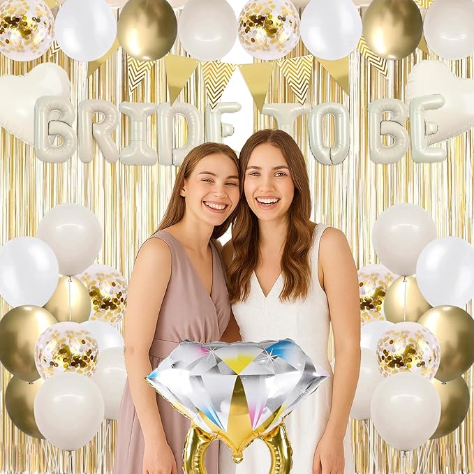 45Pcs Bachelorette Party Decorations Champagne Gold, Bride To Be Balloon Banner with Fringe Curtain Diamond Ring Confetti Balloons, Bridal Shower Engagement Wedding Party Supplies Decor Kit