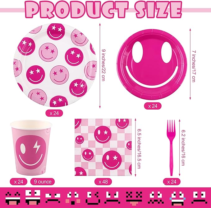 Kochorie 144 Pieces Preppy Party Supplies, Pink Preppy Smile Face Tableware Sets Including Disposable Paper Plates Napkins Cups Forks Serves 24 for Smiley Face Baby Shower Birthday Party Decorations