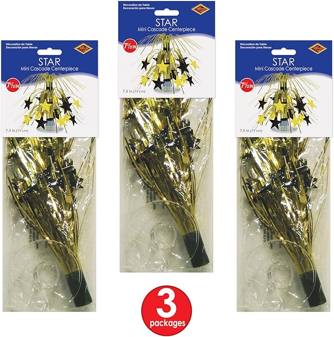 Beistle S54669BKGDAZ3 Star Mini Cascade Centerpieces 7.5" (Black/Gold), Pack of 3