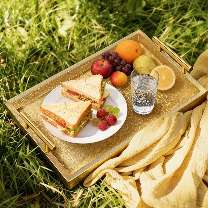 SXNOWS 17"x12" Gold Faux Leather Serving Tray with Gold Handles, Rectangle Decorative Tray for Ottoman, Coffee Table, Kitchen, Bar, Gift for Home Decor