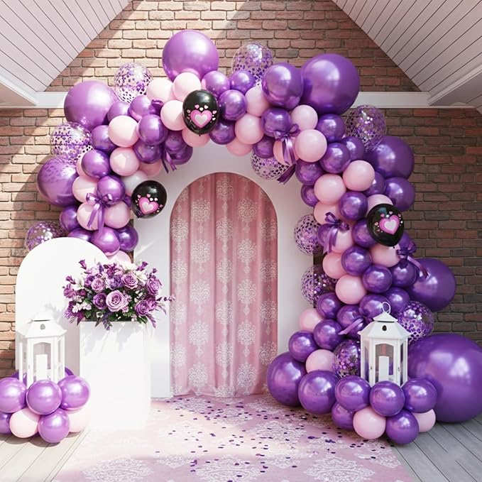 Pink Purple Black Balloons, 50PCS 12 Inch Black Macaron Metallic Purple Pink Birthday Heart Printed Balloons for Princess Theme Birthday Decorations Baby Shower Party