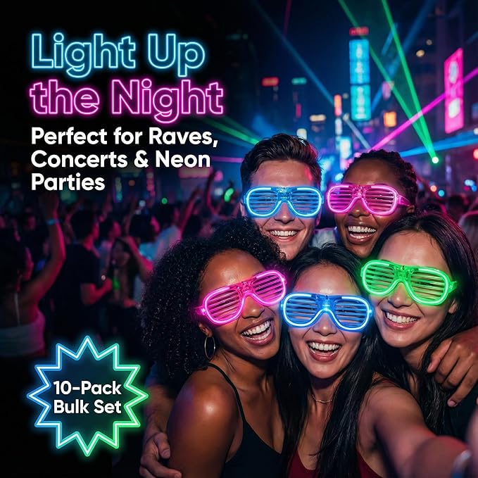 10PCS LED Light Up Glasses - 5 Neon Colors Glow in The Dark Party Supplies, Strobe Eyewear for Halloween Parties, Wedding, Birthday Bashes, Raves, Concerts & Gamer Parties