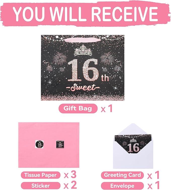 wishinside 13'' Large 16th Birthday Gift Bag Set with Handles, Greeting Card, Pink Tissue Papers and Stickers for 16 Year Old, Her, Girls, Daughter, Best Friend, Tiara Design, 1 Pcs